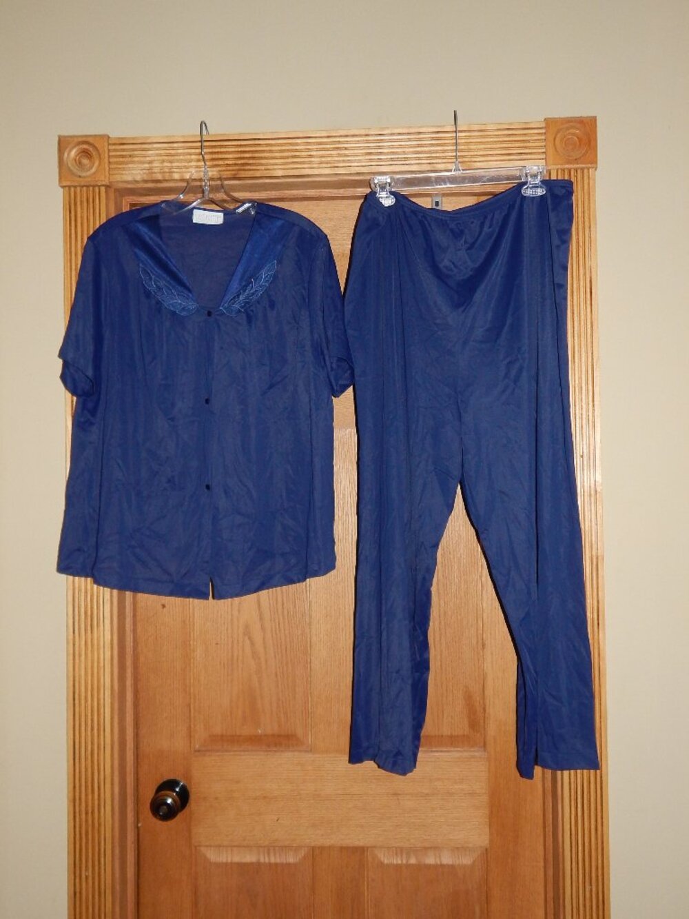 Vintage Vassarette Navy Nylon Embroidered Pajama Top Pants Set Women's Size XXL